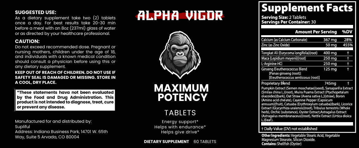 Official Alpha Vigor supplement product label with Supplement Facts, ingredients, suggested use, warnings, and manufacturer information.